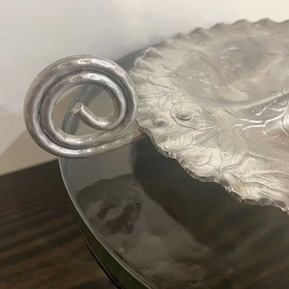 Vintage Hand finished Aluminum round 9” Vintage Tray Embossed Design w/handle